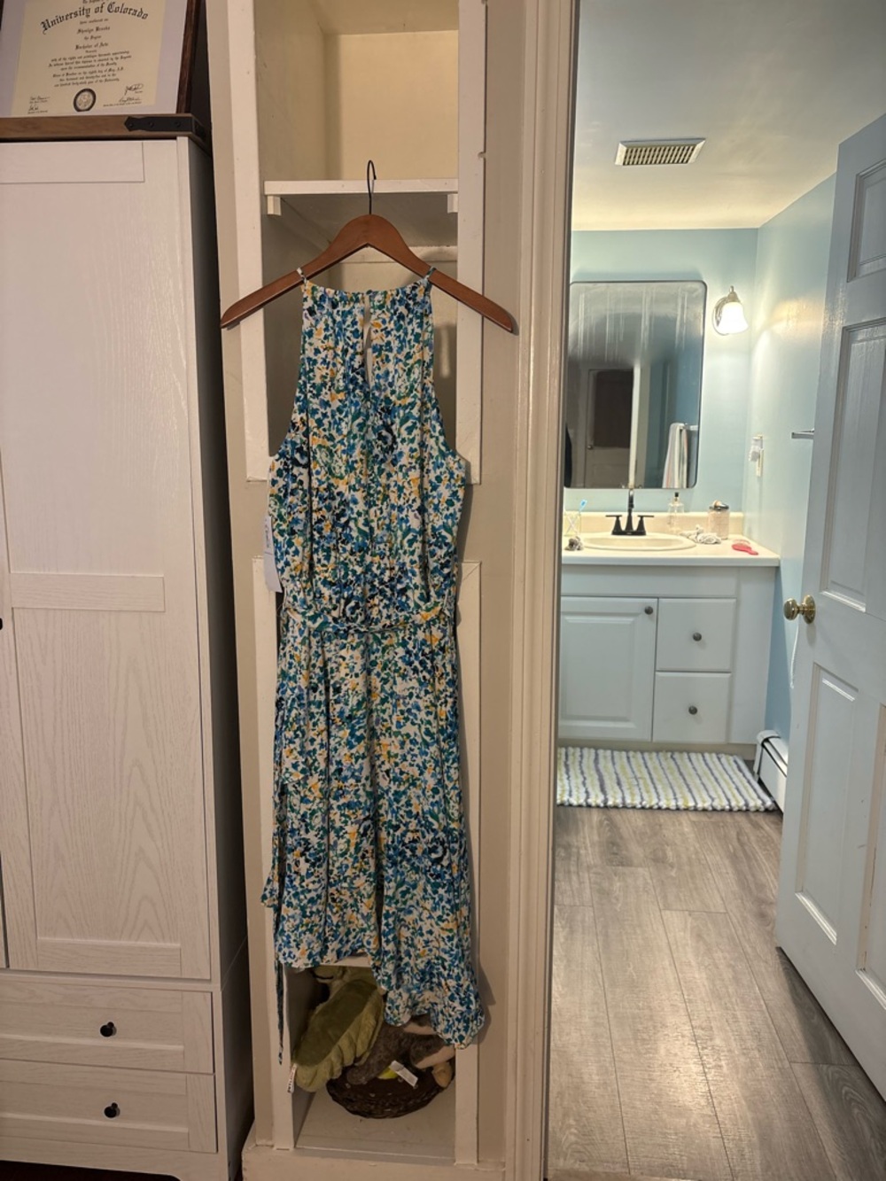 London Times White Floral-Printed Halter Dress with Teal and Yellow Accents - Picture 8 of 9